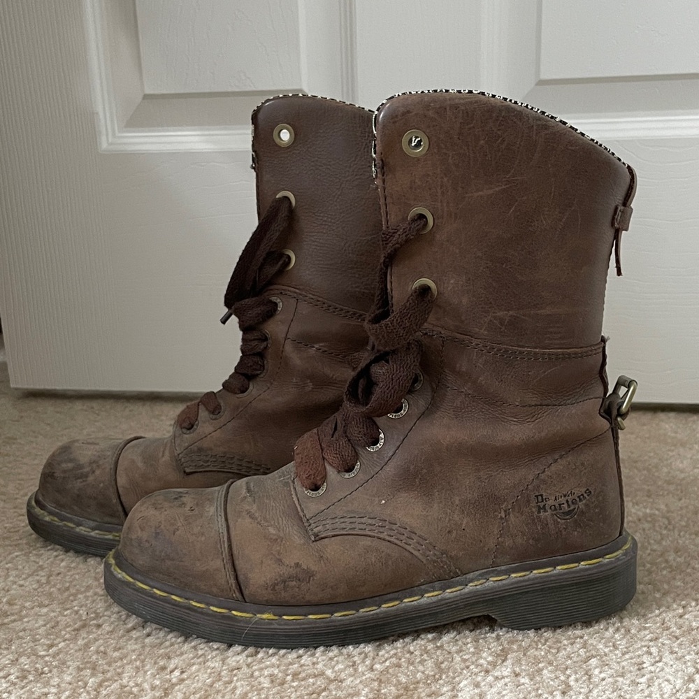 Dr. Martens Brown Leather Steel Toe Lace-Up 8in Safety Boots w Yellow Stitching